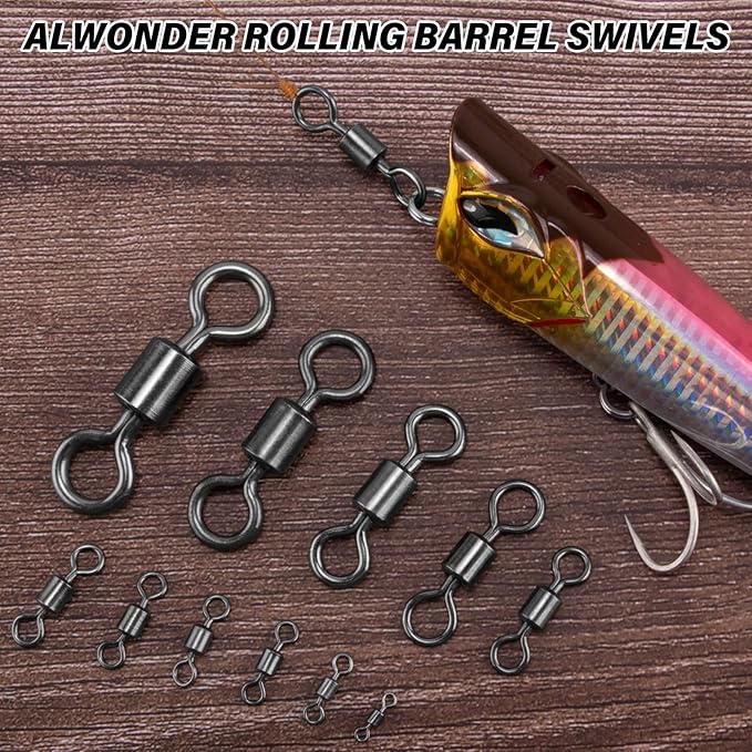 Alwonder Fishing Barrel Swivels, 40 to100-Pack Swivels Fishing Tackle Freshwater Saltwater Swivel Rolling Swivel Heavy Duty Stainless Steel Lures Leaders Line Connectors Terminal Tackle
