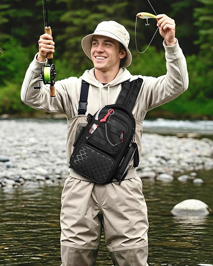 MATEIN Fishing Sling Bag with Lure Rod Holder & Phone Pouch, Waterproof 3600 Tackle Box Backpack with Removable Bait Binder