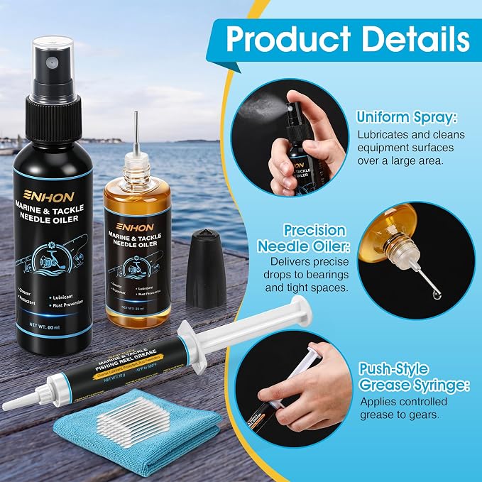 Enhon Fishing Reel Oil Kit, 1 oz Needle Fishing Gear Oil Lubricant, 2 oz Clean Sprayer for Lubricate, 10 g Grease, Cotton Swabs, Microfiber Cloth, Fish Reel Maintenance Kit for Fish Care Reels & More