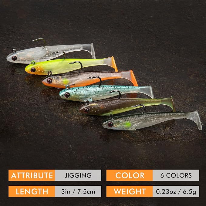 TRUSCEND Shadtale Easy Catch Soft Fishing Lures with BKK Hooks - Trembly Sinking and Vibrating Swim for More Bites, Pre-Rigged Swimbaits for Bass, Trout, Crappie, Walleye, Freshwater Saltwater Fishing