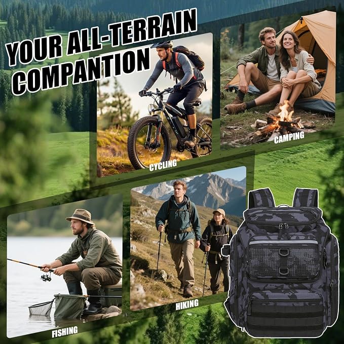 HAMBOLY Fishing Backpack 45L with Rod Holders, Water-Resistant Tackle Backpack for Fishermen, Large Capacity Fishing Gear Bag for Travel Hiking Camping