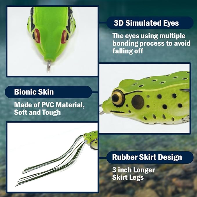 Reaction Tackle Hollow Body Frogs for Bass Fishing - Ultra Realistic Weedless Top Water Frog Lure for Bass, Snakehead, Pike and More - Floating Topwater Fishing Lures - 2 Pack