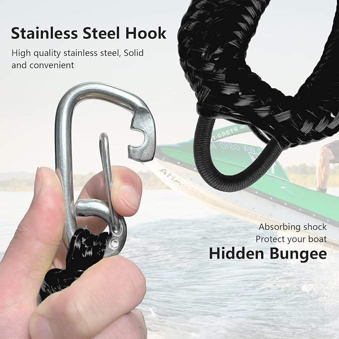 Bungee Boat Dock Line, Boat Rope with Double 316 Stainless Steel Clips Accessories for Bass Boat, Kayak, Pontoon, Watercraft, Waverunner, SeaDoo, Canoe,2Packs,4-6FT,Black