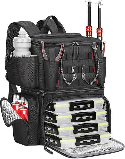 MATEIN Fishing Backpack with 4 Tackle Boxes, Fishing Bag with Rod Holder & Safety Compass & Cooler, Gifts for Fishermen
