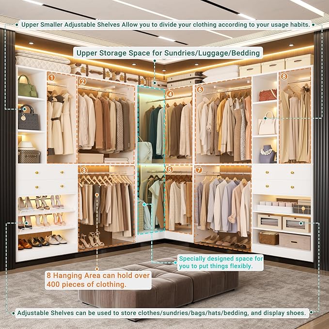 Large Closet System (Set of 3) with 4 Drawers, 8 Hanging Robs, 91.5"/151" Closet Organizer System with Corner Tower, Reversible Walk-in Closet System Corner Closet System, White