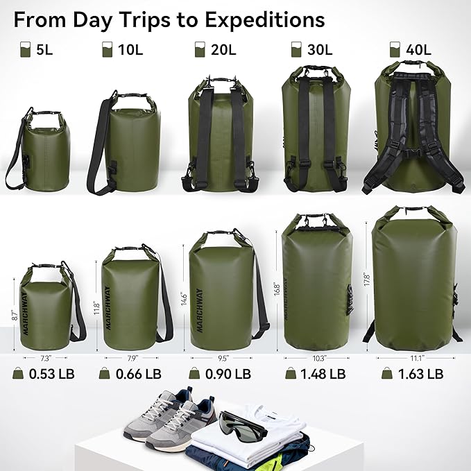 MARCHWAY Floating Waterproof Dry Bag Backpack 5L/10L/20L/30L/40L, Roll Top Sack Keeps Gear Dry for Kayaking, Rafting, Boating, Swimming, Camping, Hiking, Beach, Fishing