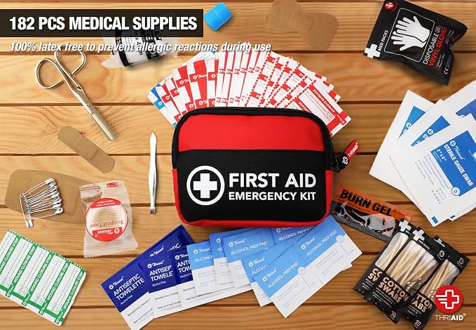 Small First Aid Kit, 182 Piece Premium Waterproof Compact Trauma Medical Mini Kits for Any Emergencies, Ideal for Home, Office, Car, Travel, Outdoor, Camping, Hiking, Boating (Red)