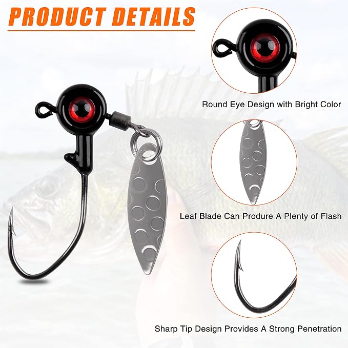 Crappie Jig Heads Fishing Lures Kit, 15pcs Underspin Jig Heads with Spinner Blade Crappie Lures Eye Ball Head Painted Fishing Jigs for Bass, Trout, Panfish, Sunfish