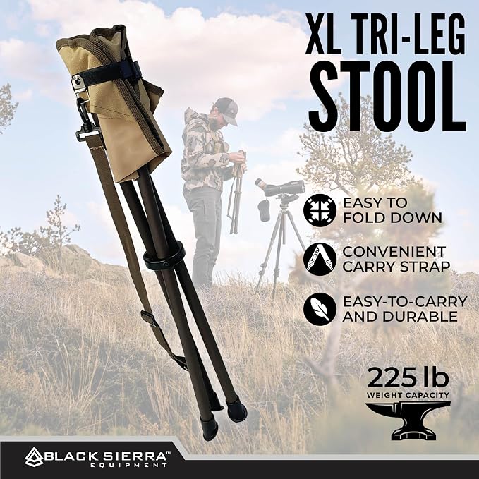 Black Sierra Folding Hunting Stool with Shoulder Strap, Lightweight Collapsible Tripod Seat, Steel Frame Supports 225 lbs, Portable Foldable Chair for Hunting Blind, Fishing, Hiking, Travel