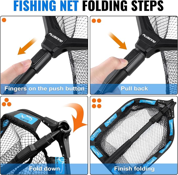 PLUSINNO Floating Fishing Net for Steelhead, Salmon, Fly, Kayak, Catfish, Bass, Trout Fishing, Rubber Coated Foldable Landing Net with Fixed or Telescoping Pole Handle, Fishing Gear and Gifts for Men