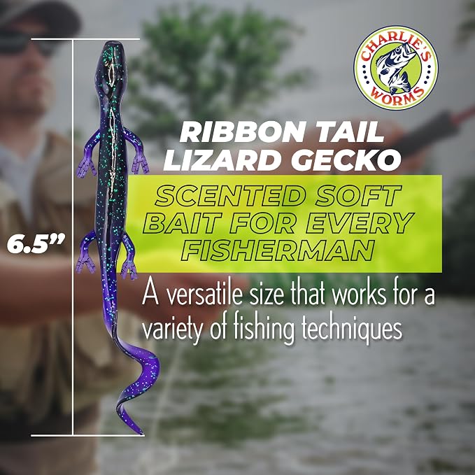 Charlie's Worms Lizard Gecko, Scented Soft Bait for Freshwater & Saltwater Fishing, Durable Lures for Bass, Trout, Reptiles, Aquatic Frogs, Minnows, Feeder Bait, 8pk, Green Pumpkin