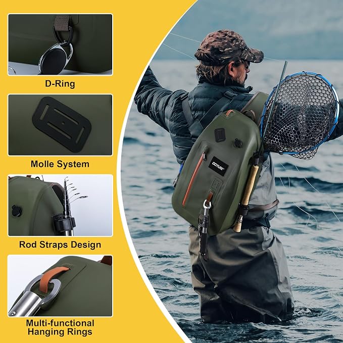 Goture Waterproof Fly Fishing Sling Pack,IPX8 840D TPU Fishing Sling Bag Gear Storage,13L Tackle Backpack with Rod Holder,Airtight Zipper,Exhaust Valve,Adjustable Strap,Wader Bag Included,Gift for Men