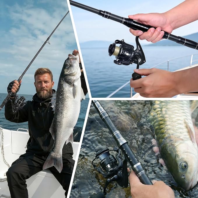 Telescopic Fishing Rod and Reel Combo, 5.9FT, 6.8FT, 7.5FT Carbon Fiber Travel Fishing Pole Full Kit with Carrier Bag & Lures, Solid Tip Portable Gear for Adults Beginners