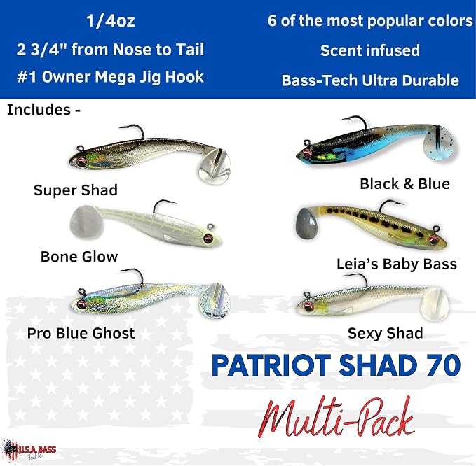 USA Bass Tackle Patriot Shad - Scent Infused Paddle Tail Swimbaits Pre Rigged Fishing Lures Premium Bait Strong Owner Hook, Fishing Gear for Bass Freshwater Predator Fish