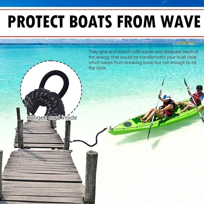 Boat Bungee Dock Lines – Adjustable Boat Tie Downs for Pontoon, Jet Ski, PWC, Kayak | Single Hook Small Cruiser Mooring Lines | (2, Black, 3 Feet)