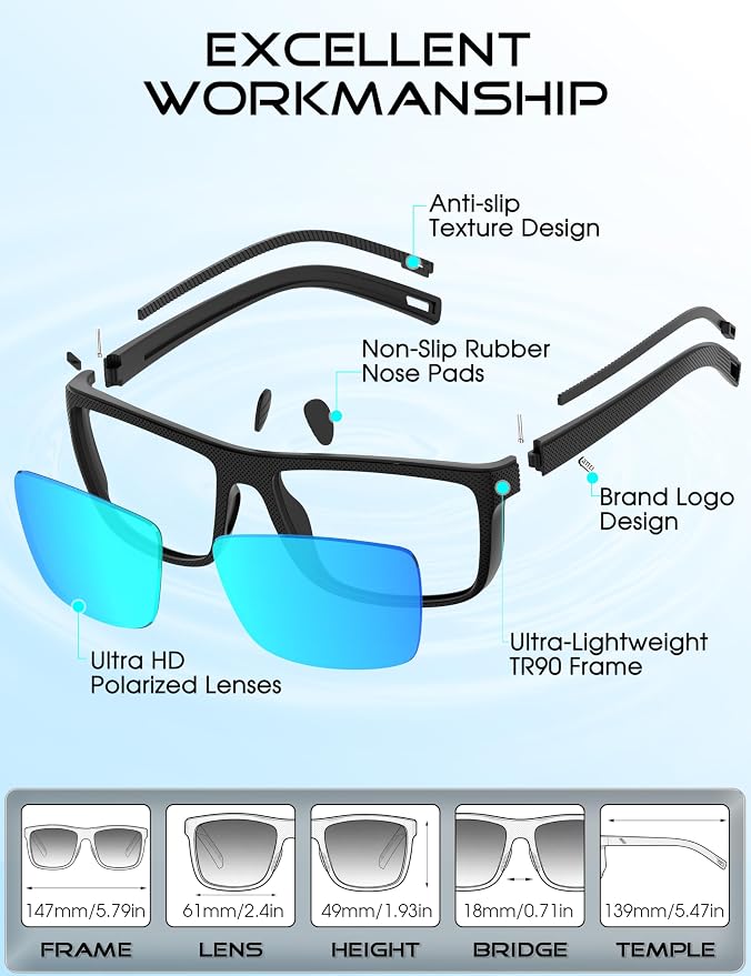 ATTCL Square Polarized Sunglasses for Men: Ultra-Light TR90 Frame UV400 Protection Sun Glasses for Fishing Driving