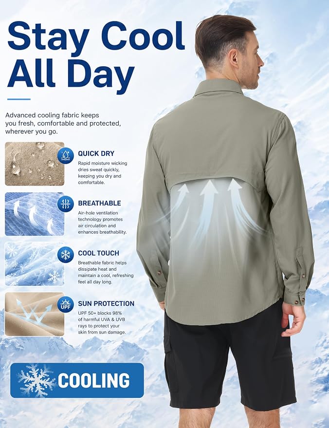 Roadbox Men's Sun Protection Fishing Shirt, Long Sleeve Cool Dry Lightweight UPF 50+ Shirts for Hiking Safari Camping Travel