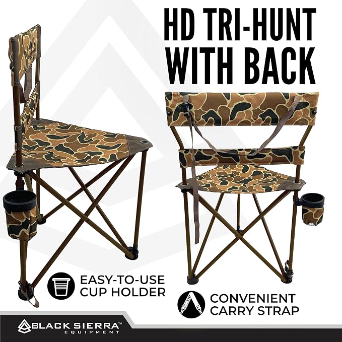 Black Sierra HD Tri-Hunt with Back Hunting Stool, Foldable Tripod Seat w/Steel Frame Supports 300-lb, Heavy Duty Fishing Chair Features Cup-Holder & Carry Shoulder Strap, for Camping