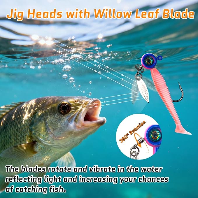 FishTrip Jig Heads Hooks with Spinner - Underspin Crappie Fishing Jighead with Willow Blade for Saltwater Freshwater 1/32oz,1/16oz,1/8oz,3/16oz,1/4oz