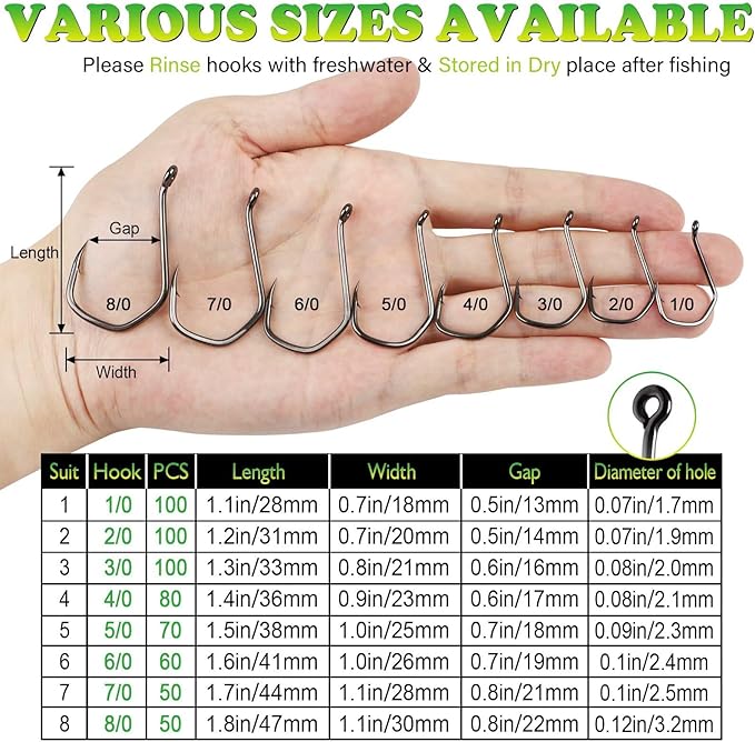 LUCKYFISHING Octopus Hooks Fishing Hooks for Saltwater Freshwater Offset Catfish Hooks for Bass Trout Redfish Fishing Hook Size 1 2 4 6 1/0-8/0 with 50/60/70/80/100PCS
