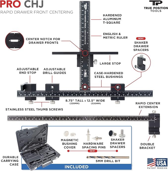 True Position Tools PRO Cabinet Hardware Jig - Install Drawer Front Handles and Knobs Faster - Made in USA - Hand Calibrated