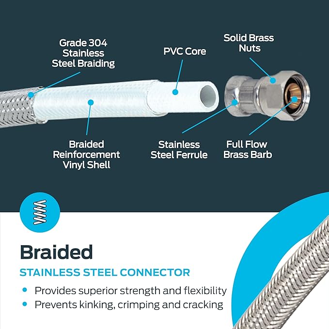 Eastman 30 inch Steel-Flex Braided Faucet Connector, 1/2 Inch FIP x 3/8 Inch Compression, Stainless Steel Faucet Supply Line, 48007