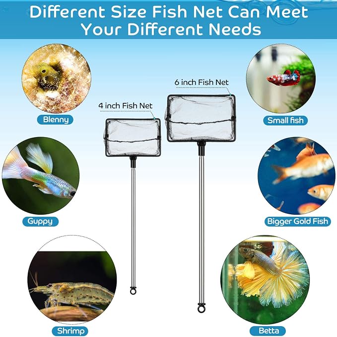 Sumind 2 Pieces Fish Tank Net Aquarium Mesh Fishes Net Long Handle Fish Nets with Extendable 12.5-27.5 Inch Stainless Steel Catch Nets for Aquarium Accessories 4 & 6 Inch