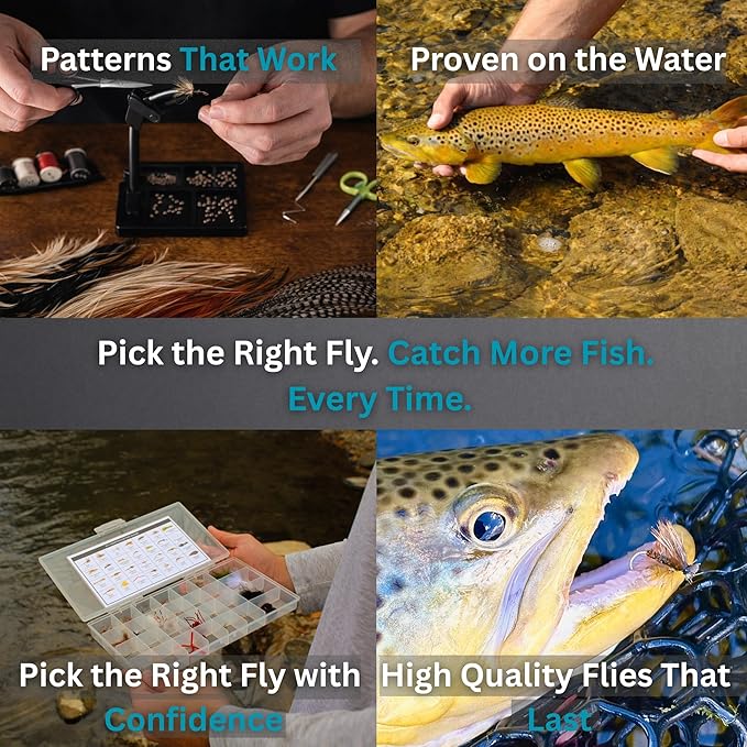 Fly Fishing Flies Kit | Hand-Tied Dry Flies, Nymphs, Streamers, Terrestrials | Waterproof Fly Box + Pattern ID Card | Trout, Bass, Panfish | Beginner Friendly Gift Set