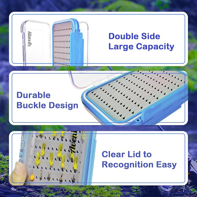 Aventik Waterproof Clear Fly Box Double Sides Floating Lightweight Fly Fishing Case Large Capacity Grip Foam Nymph Wet Dry Flies Lure Box(H18 Blue, SIZE B:6.08X4X1.6inch)