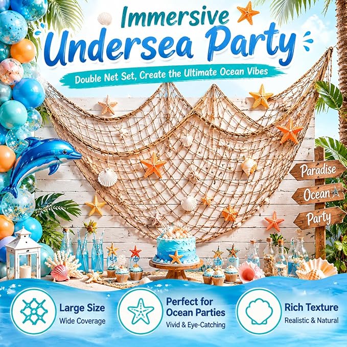 2 Pack Fish Net Decorations for Party, Natural Cotton Hawaiian Table Runner Party Fishing Net Decorative, Nautical Themed Cotton Fishnet Under The Sea Pirate Ocean Beach Decor