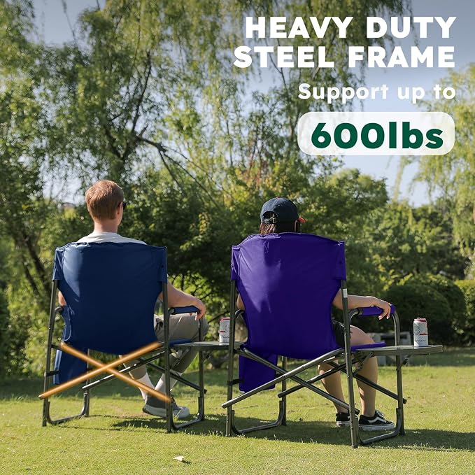 Colegence Oversized Directors Camping Chair Set of 2 Support 600 LBS, Heavy Duty Folding Outdoor Chairs with Detachable Side Pocket and Adjustable Side Table for Outside Beach,Lawn,Fishing,Dark Blue