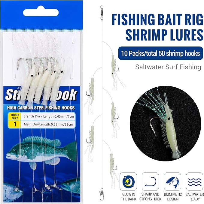 Shrimp Fishing Bait Rigs Kit, 10 Packs Saltwater Surf Fishing Rigs with 5 String Hooks Glow Soft Shrimp Lures Swivel Snap Shrimp Lure Rig for Mackerel Herring Baitfish