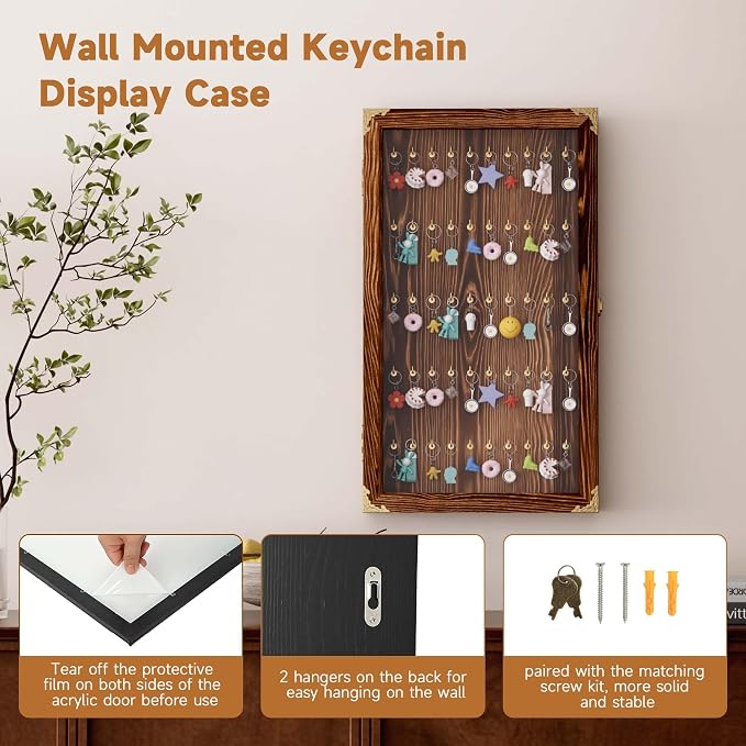 tonchean Keychain Display Case Wall Cabinet Fishing Lures Baits Display Case Pocket Watches Display Case, 24.4in(H) x14.2in(Wx2.6in(D), Brown