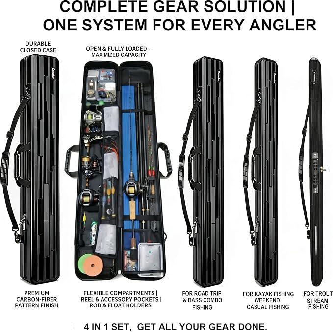 Hard Shell Fishing Rod Case, 50" Protective Rod Tube (4-in-1 Set) for 7ft 2-Piece Rods, Crushproof & Water-Resistant Travel Carrier, Heavy-Duty Storage for Bass, Fly & Saltwater Fishing