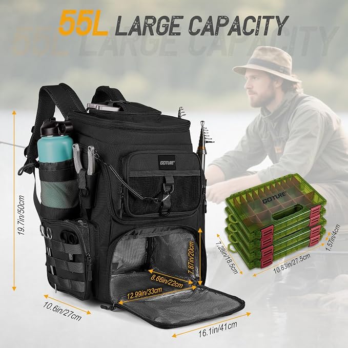 Goture Fishing Backpack with 4 Tackle Boxes, 900D Water-Resistant Tackle Backpack with Rod Holders,Insulated Cooler Compartment, 55L Large Capacity Fishing Gear Storage Bag for Saltwater & Freshwater