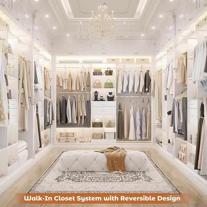 Closet System - 5-8FT Closet Organizer System with Wooden Drawers & Cube Storage Organizer, Up To 96" Closet Systems for Nursery & Walk-In Closets with Cuttable Hanging Shelving, White