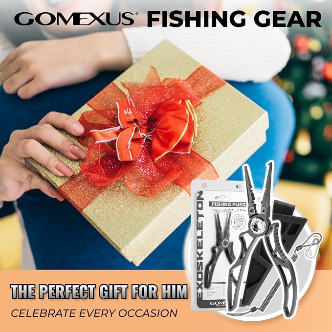 Gomexus 7 Inch Fishing Pliers and Titanium Plating, Saltwater Resistant Fishing Gear, Line Cutter, Hook Remover, Stainless Steel Split Ring Pliers with Carbide Blade-EXOSKELETON 7"
