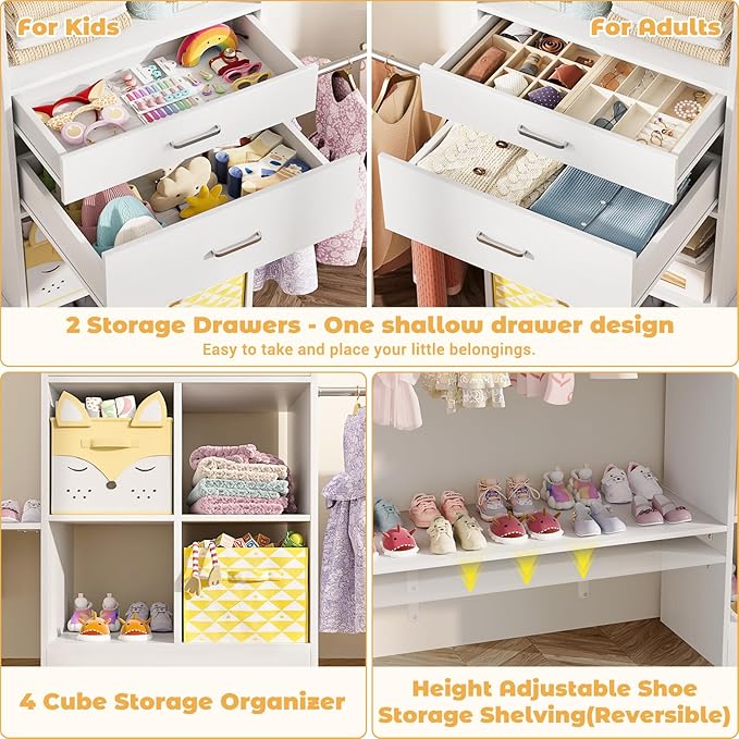 Closet System - 5-8FT Closet Organizer System with Wooden Drawers & Cube Storage Organizer, Up To 96" Closet Systems for Nursery & Walk-In Closets with Cuttable Hanging Shelving, White