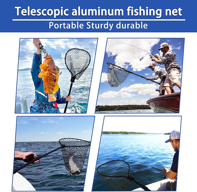 Telescoping Rubber Fishing Net with Handle 64"/46“ Long Silicone Large Fish Landing Net Kayak/Fishpond/Saltwater Extendable Fishing Gear Accessories