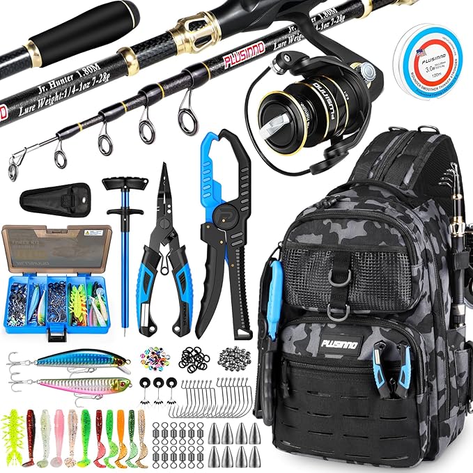 PLUSINNO Fishing Gear, Fishing Backpack with Fishing Rod, Tackle Box, Waterproof Tackle Backpack with Rod Holders,Lures, Tools, Pliers & Accessories, Fish Gifts for Men
