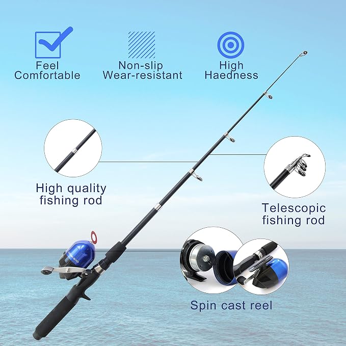 Kids Fishing Pole Spincast Youth Fishing Pole Tackle Box - with Net,Travel Bag,Rod and Reel Kit for Boys and Girls, Youth or Beginner’s