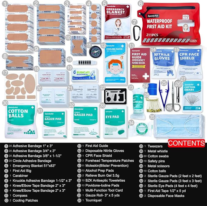 211 PCS Waterproof First Aid Kit, IPX7 Rated Dry Bag with Airtight Zipper, Portable Emergency Medical Supplies for Hiking, Boating, Swimming, Camping & Outdoor Activities