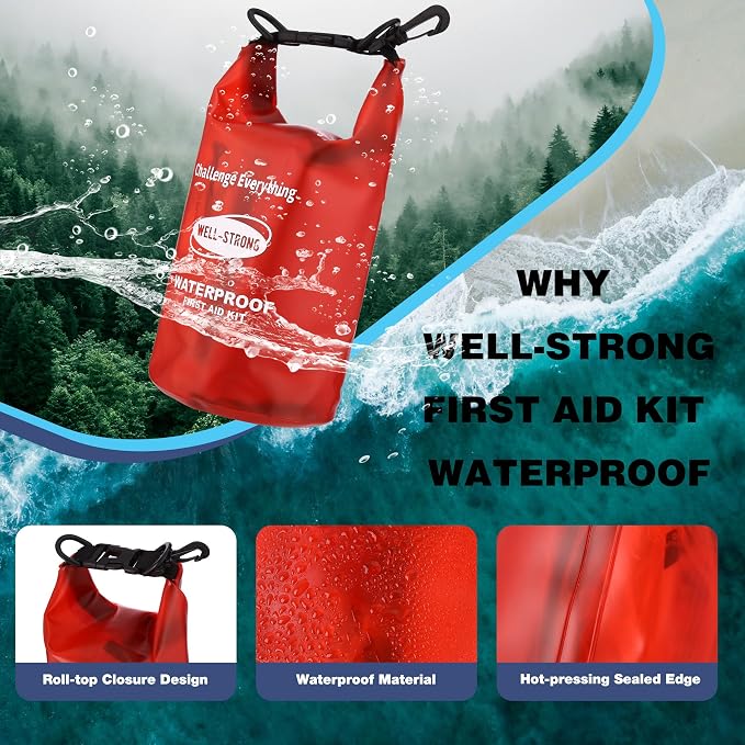 Emergency First Aid Kit for Boating, Fishing & Kayaking – Waterproof Medical Supplies with Roll Top Design, 2L Capacity, Transparent Red