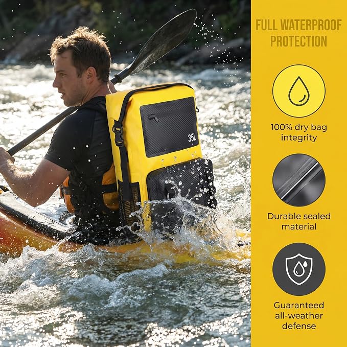 Greencity 100% Waterproof Roll-Top Dry Bag Backpack with Front Splash-Proof Pocket, Lightweight Floating Pack for Kayaking, Hiking & Travel,35L (Yellow-black)