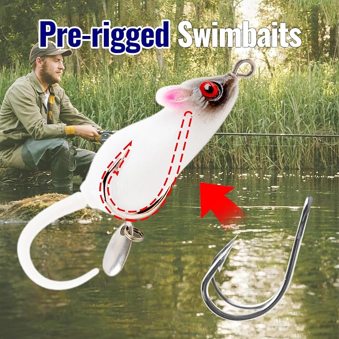 Topwater Mouse Rat Fishing Lure, 5pcs Realistic Soft Rat Bait for Bass, Trout, Pike, Muskie, Hollow Body, Weedless Double‑Barb Hooks, Spinnerbait Blade, Glide Bait & Crankbait Compatible