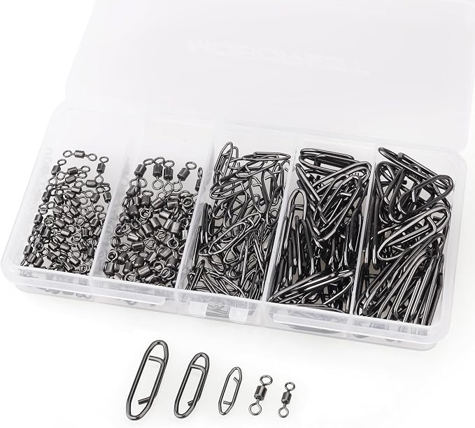 220Pcs Stainless Steel Fishing Power Speed Clips - S:50p M:40p L:30p 4#50p 6#50p, Heavy Duty Rotating Snap Fasteners for Quick Bait/Lure Changes, Saltwater & Freshwater Fishing