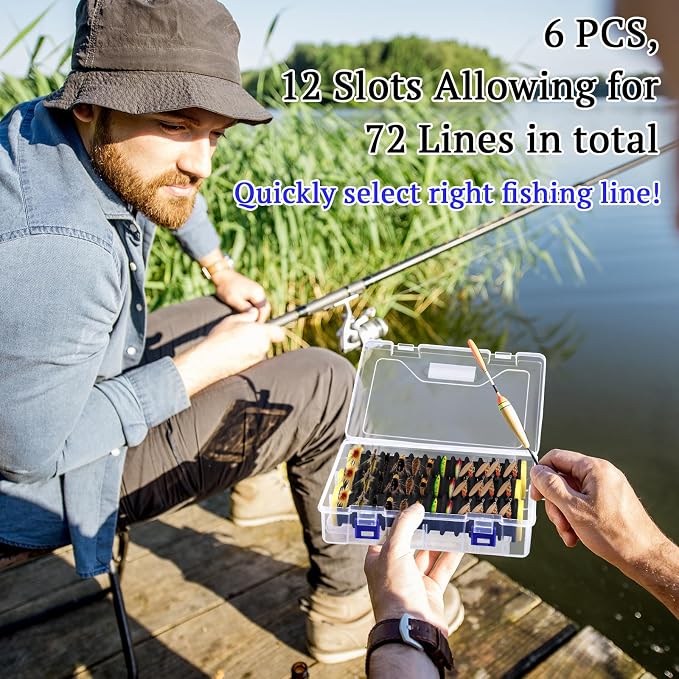 6 Pcs Fishing Leader Holder 6 Pack with Storage Box 72 Slot Snell Hook Organizer Anti-Tangle Rig Keeper for Walleye Catfish Bass Trout