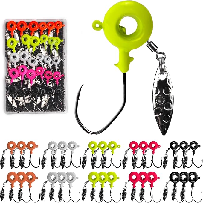 30 Pcs Crappie Jigs Heads Kit, Scent Holder Underspin Fishing Jig Heads Hooks Lures for Freshwater Saltwater, Swimbait Jigheads with Spinner Blade for Crappie Bass Trout Walleye 1/8oz, 1/16oz