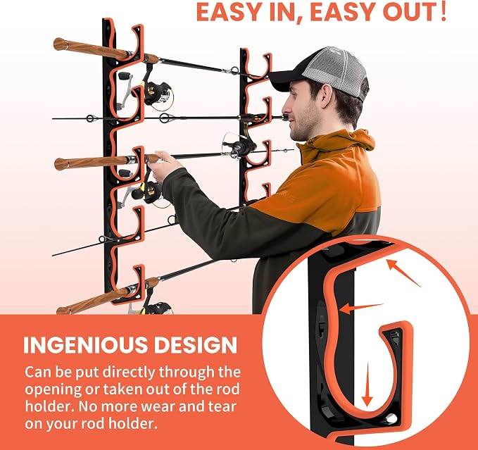 Gocozer Fishing Rod Holder for Garage, H5 Wall or Ceiling Mounted Fishing Pole Holders with Soft Protective Pad, Fishing Rod Storage Organizer, Horizontal Fishing Rod Wall Mount Nets Storage (4 PACK)