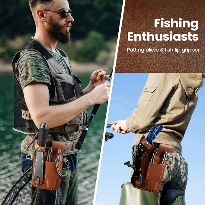 Fishing Pliers Holster with Retractable Lanyard, Universal Fit for Most Sea Fishing & Wild River Lure Tongs Leather Accessories